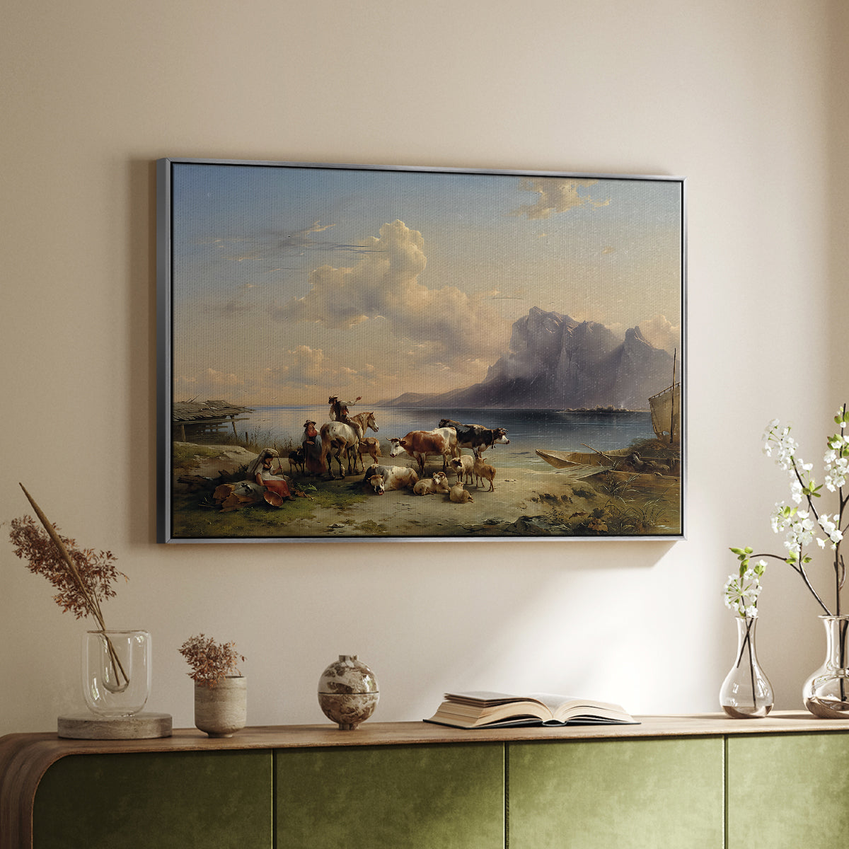 Shepherds and Cattle on Lake Attersee, 1852 - Floater Framed Canvas Print