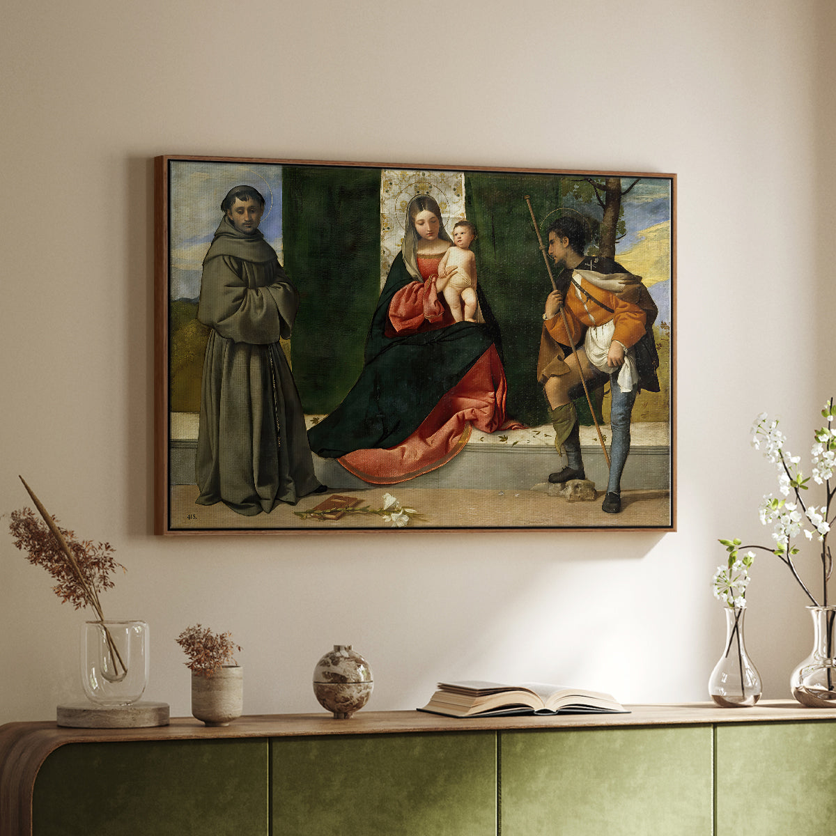Madonna and Child with Saints Anthony of Padua and Roch, c. 1510 - Floater Framed Canvas Print