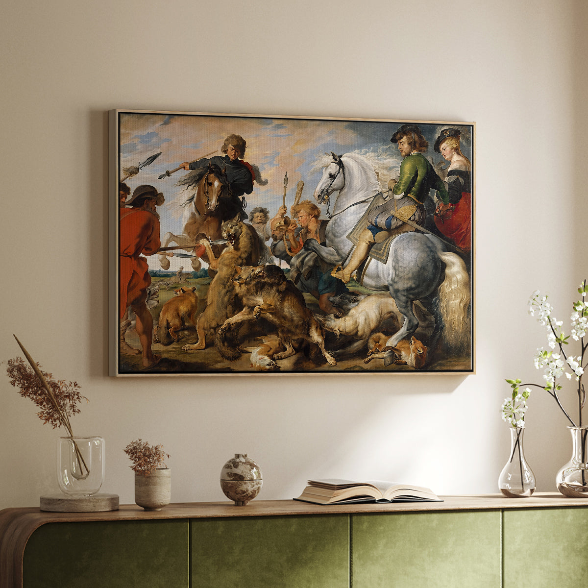 The Wolf and Fox Hunt, c. 1616 - Floater Framed Canvas Print