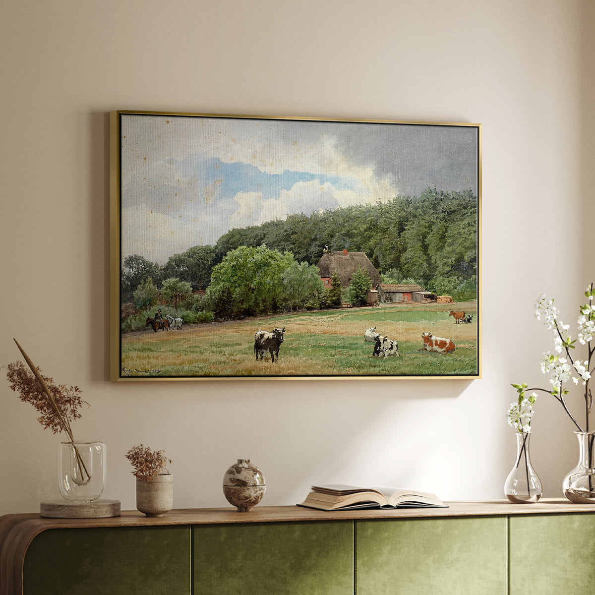 Farm with Grazing Cows (Bondegård med beitende kuer), 1892 - Floater Framed Canvas Print