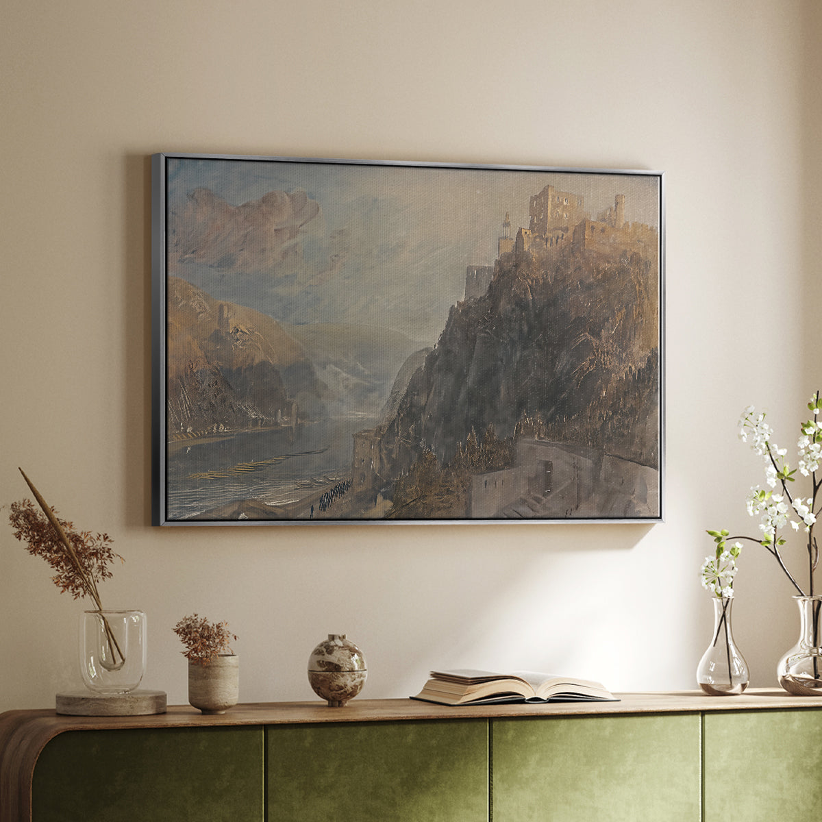 Rheinfels Looking to Katz and Gourhausen, 1817 - Floater Framed Canvas Print