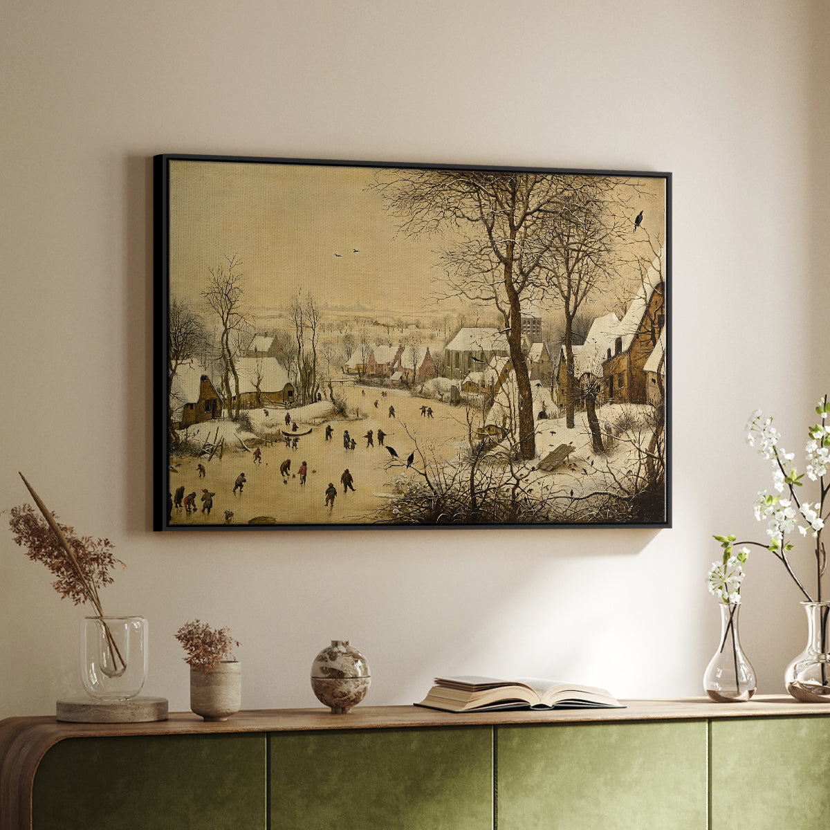 Winter Landscape with Skaters and Bird Trap, 1565 - Floater Framed Canvas Print