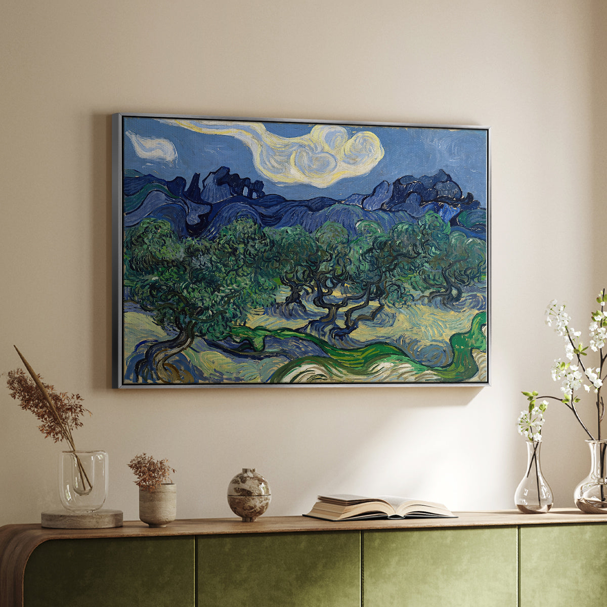 Olive Trees with the Alpilles in the Background, 1889 - Floater Framed Canvas Print
