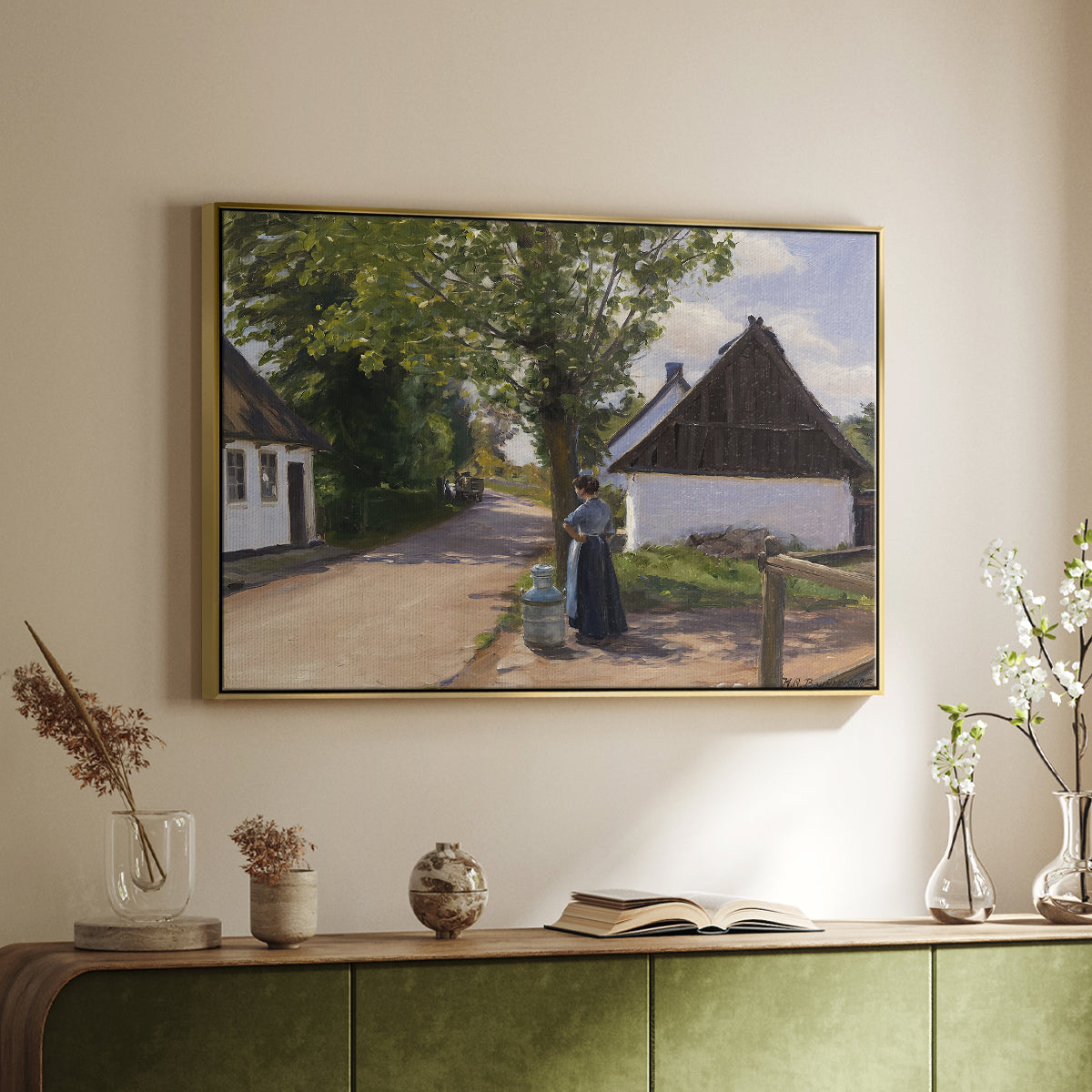 Danish Village Street with Woman and Milkman, 1880 - Floater Framed Canvas Print