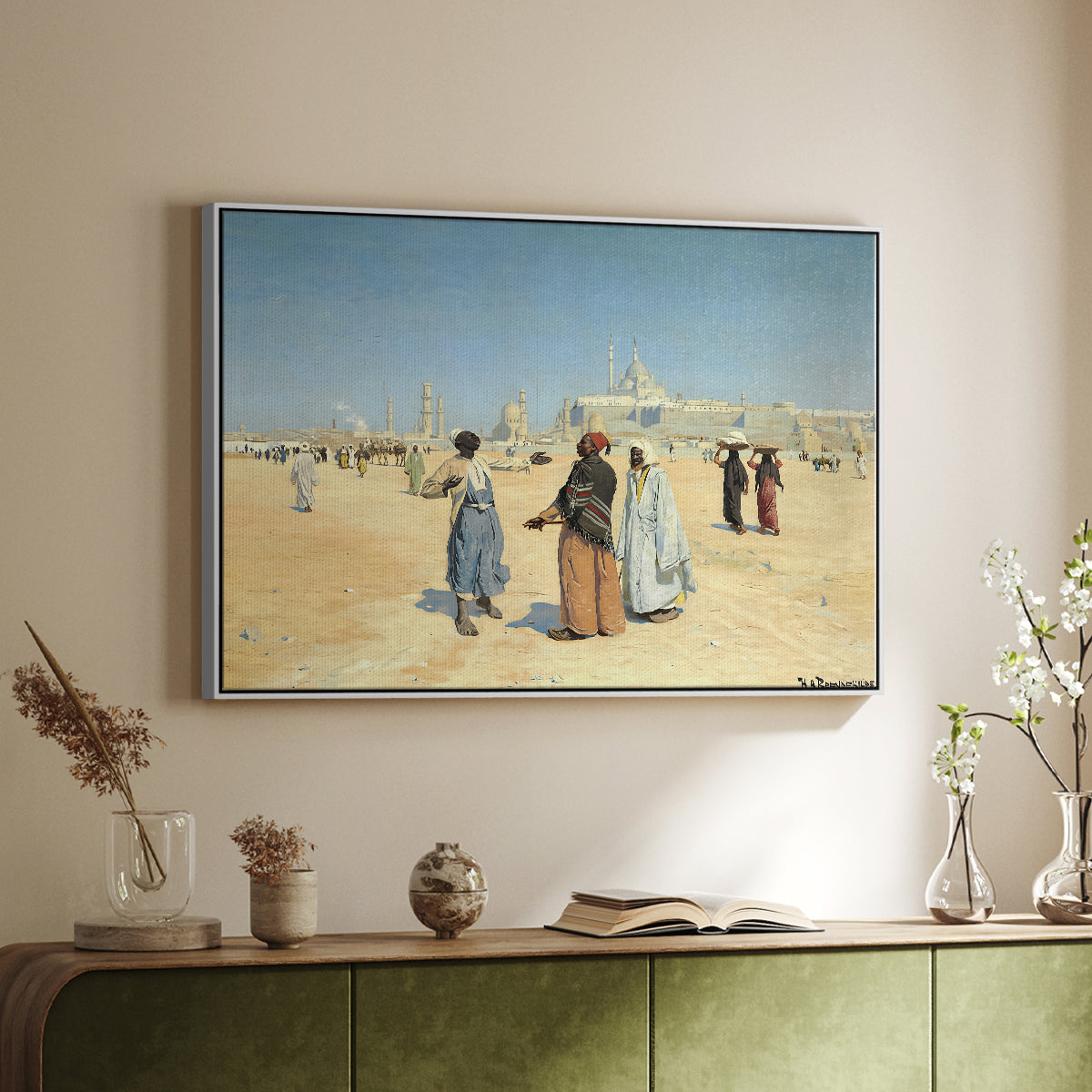 View from the Desert of Cairo with Citadel and Mamluk Tombs in the Background, c. 1889-1890 - Floater Framed Canvas Print