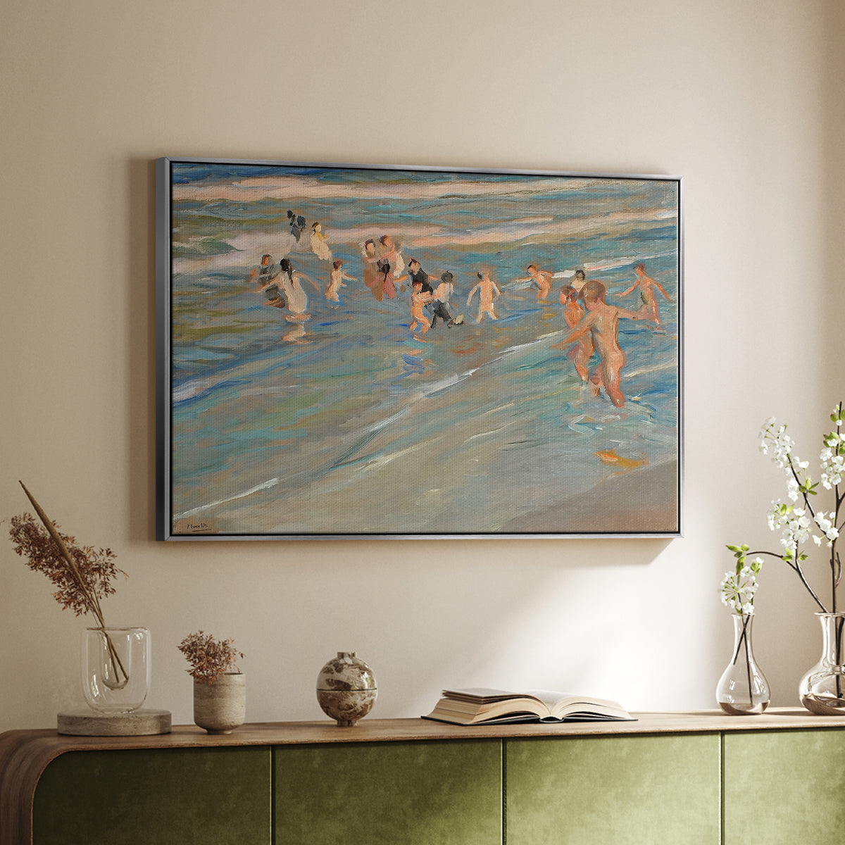 Children Playing on the Beach in Valencia, c. 1908 - Floater Framed Canvas Print