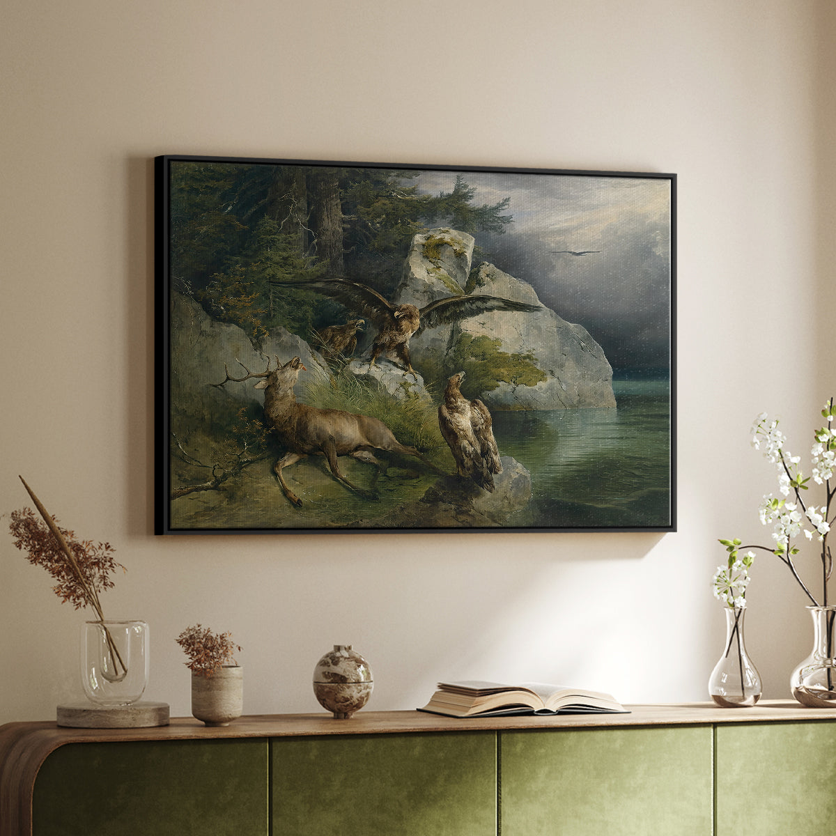 Eagles and Dying Stag on a Lakeshore, 1836 - Floater Framed Canvas Print