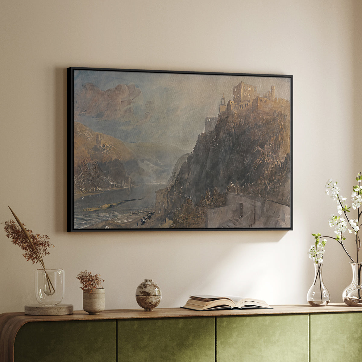 Rheinfels Looking to Katz and Gourhausen, 1817 - Floater Framed Canvas Print