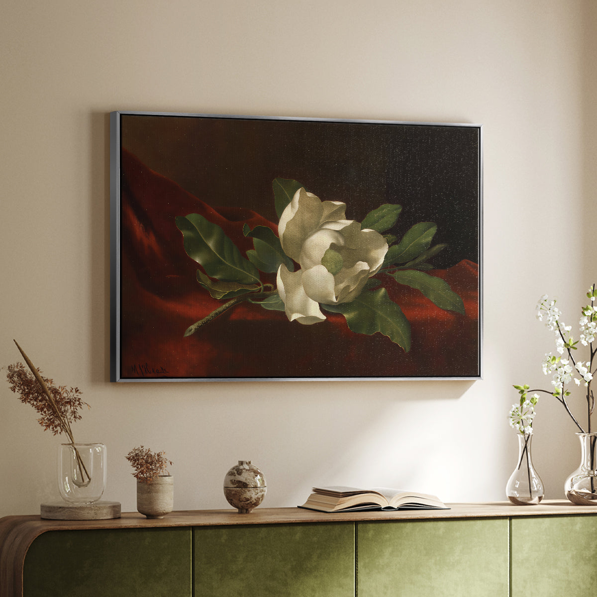 Magnolia on Red Velvet, c. 1885-1890 - Floater Framed Canvas Print