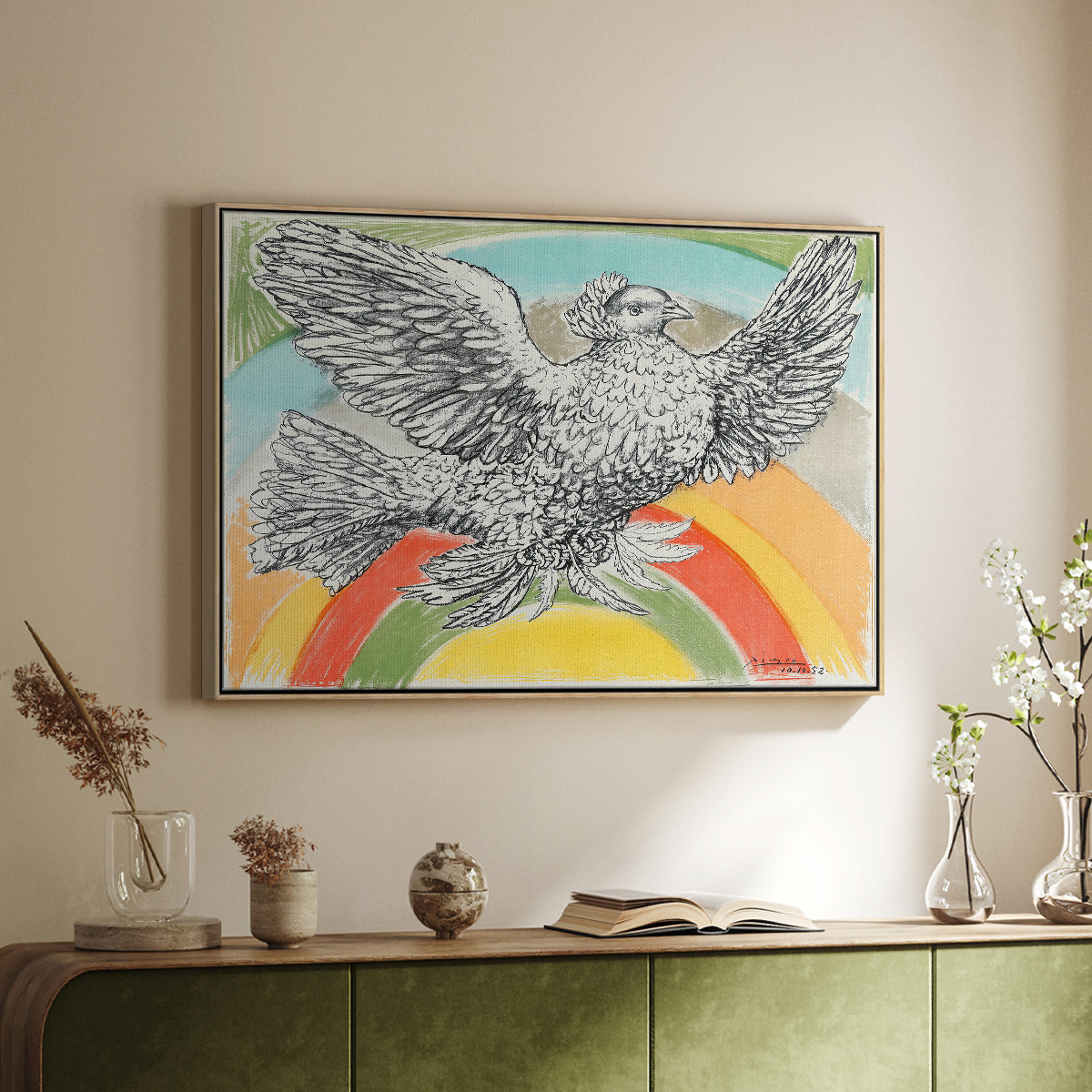 Flying Dove with Rainbow (Colombe volant à l'Arc-en-ciel), 1952 - Floater Framed Canvas Print