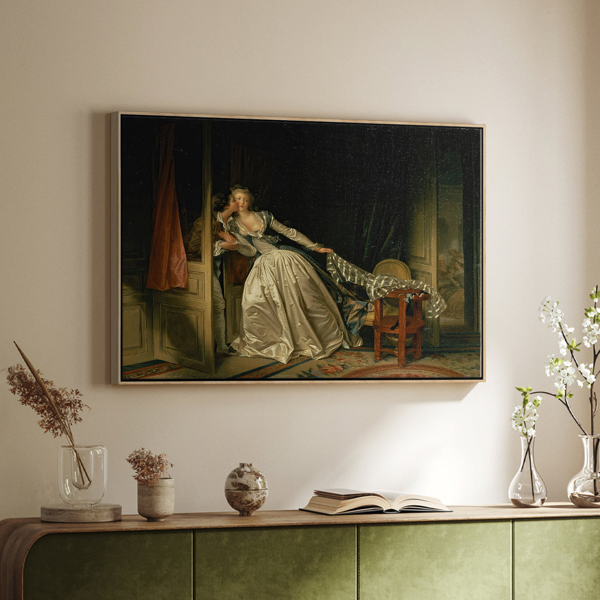 The Stolen Kiss (Le Baiser à la dérobée), c. 1788 - Floater Framed Canvas Print