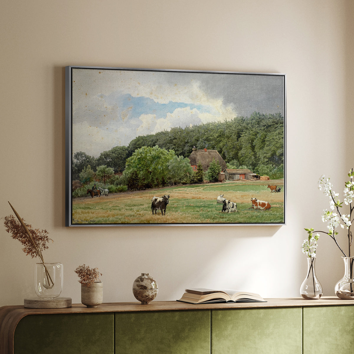 Farm with Grazing Cows (Bondegård med beitende kuer), 1892 - Floater Framed Canvas Print