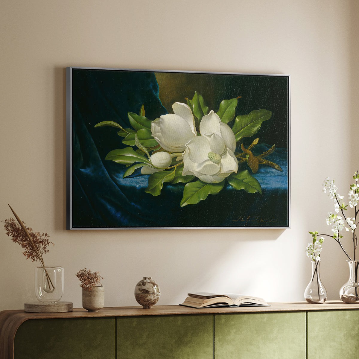 Giant Magnolias on a Blue Velvet Cloth, c. 1890 - Floater Framed Canvas Print