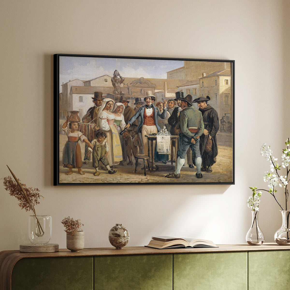 A Charlatan Selling Blacking in the Piazza Barberini in Rome, c. 1840-1849 - Floater Framed Canvas Print