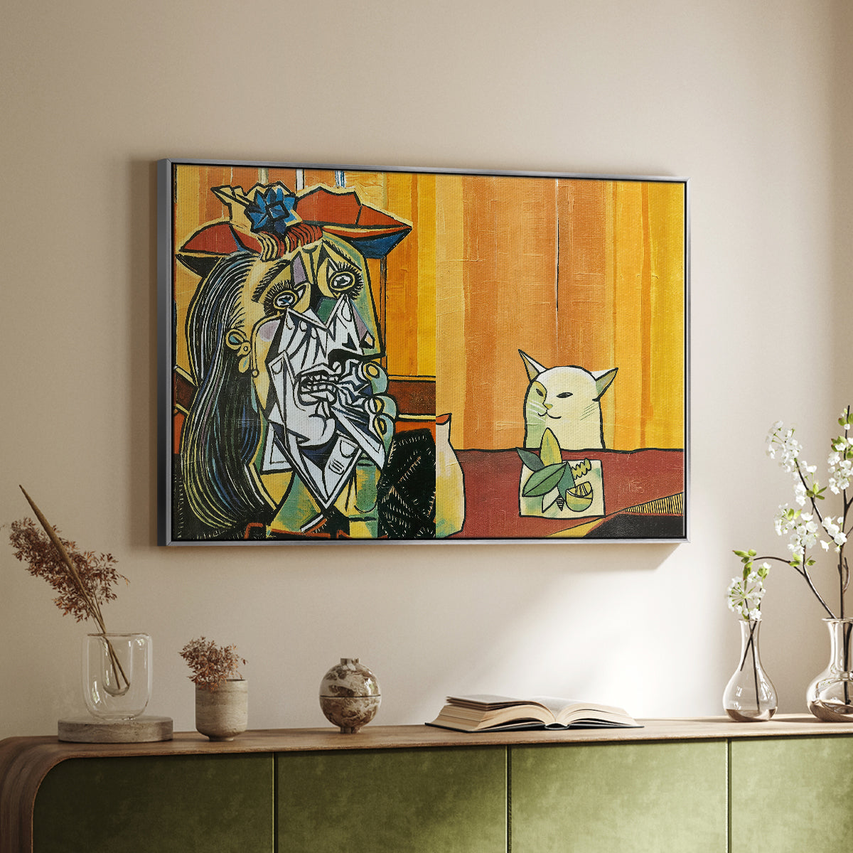 Woman Yelling at a Cat Meme (Picasso Parody) - Floater Framed Canvas Print
