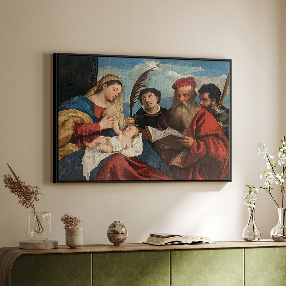Mary and Child with Saints Stephen, Jerome and Maurice, c. 1510 - Floater Framed Canvas Print
