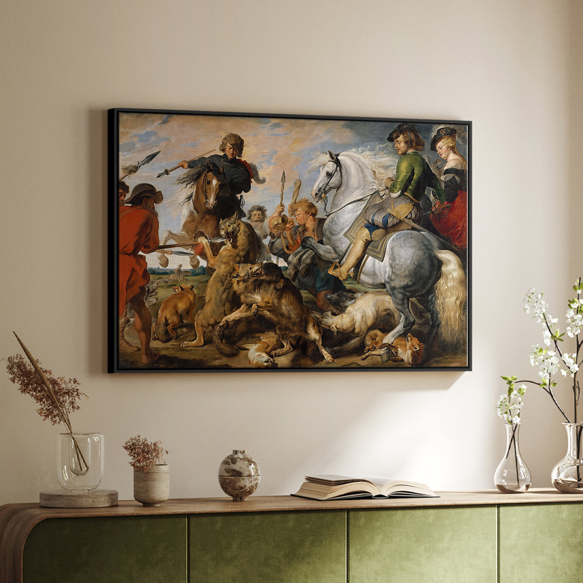 The Wolf and Fox Hunt, c. 1616 - Floater Framed Canvas Print