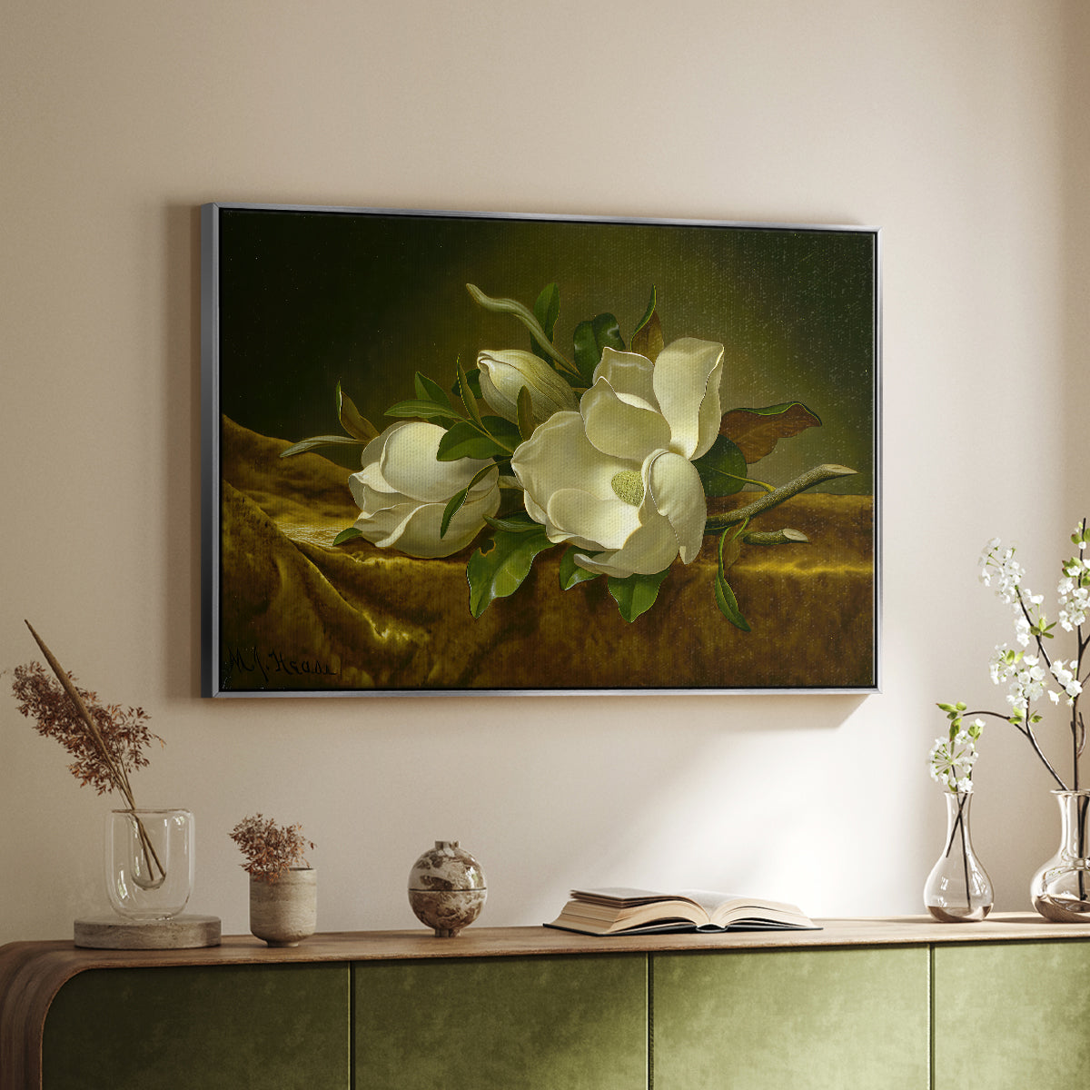 Magnolias on Gold Velvet Cloth, c. 1888-1890 - Floater Framed Canvas Print