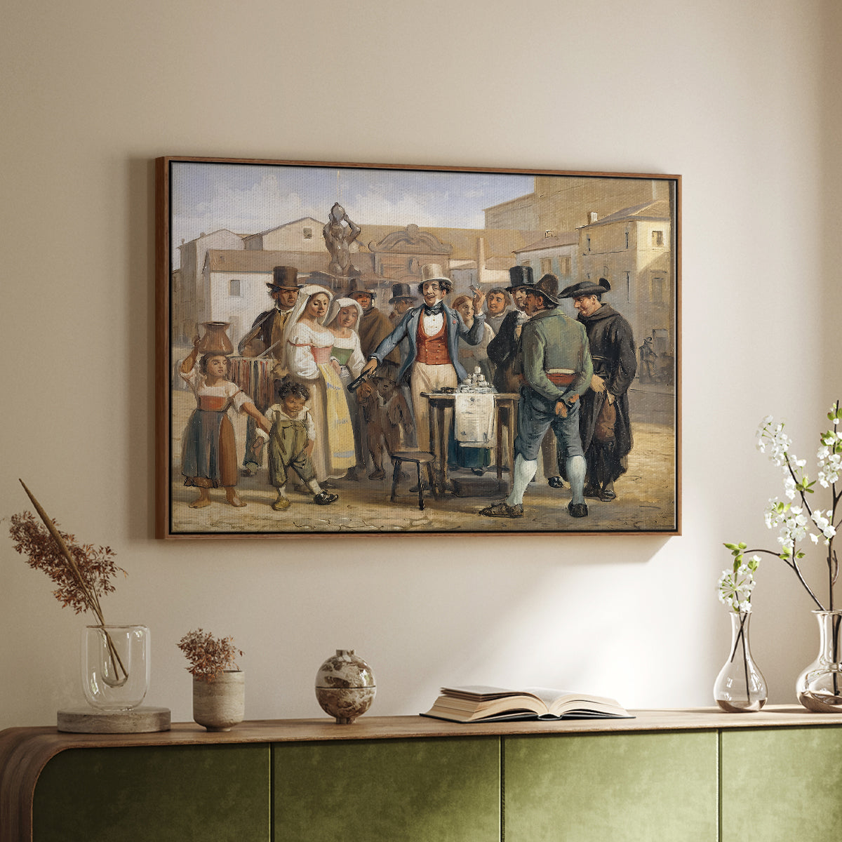 A Charlatan Selling Blacking in the Piazza Barberini in Rome, c. 1840-1849 - Floater Framed Canvas Print