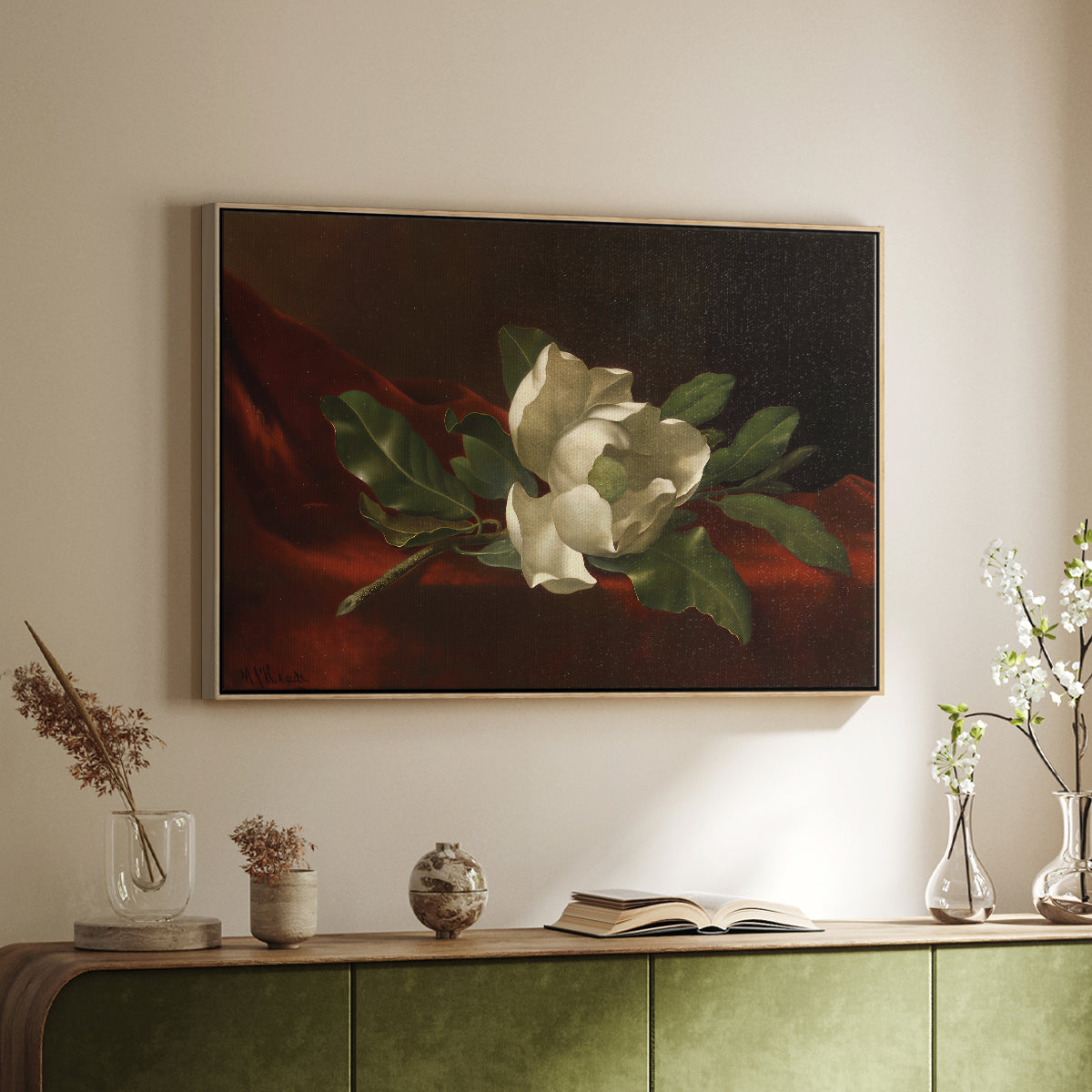 Magnolia on Red Velvet, c. 1885-1890 - Floater Framed Canvas Print