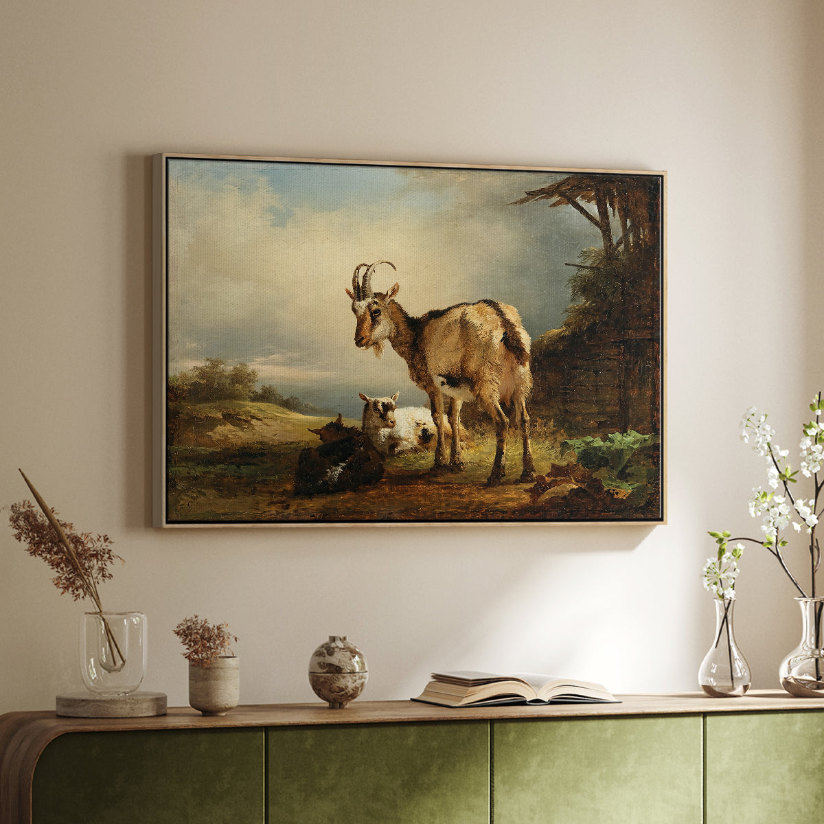 A Goat with Two Kids - Floater Framed Canvas Print