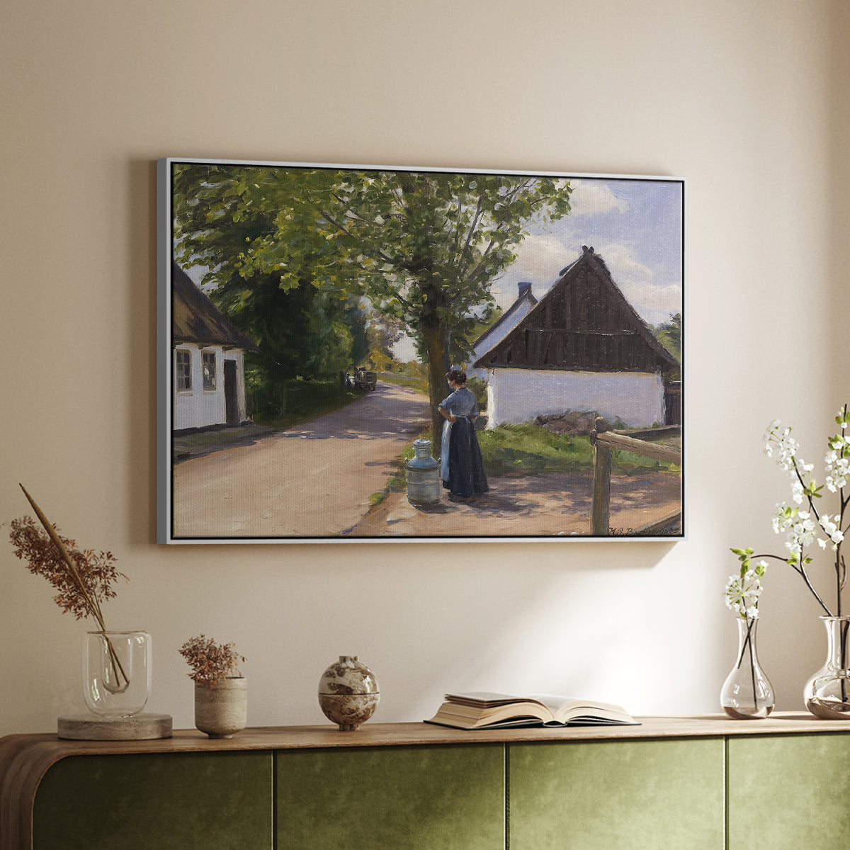 Danish Village Street with Woman and Milkman, 1880 - Floater Framed Canvas Print