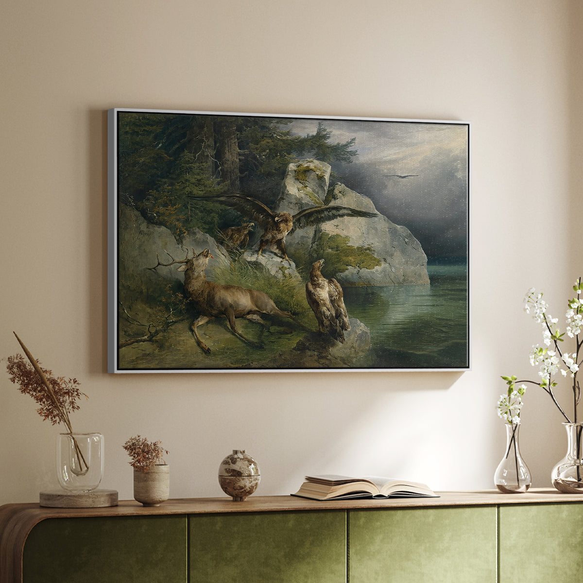 Eagles and Dying Stag on a Lakeshore, 1836 - Floater Framed Canvas Print