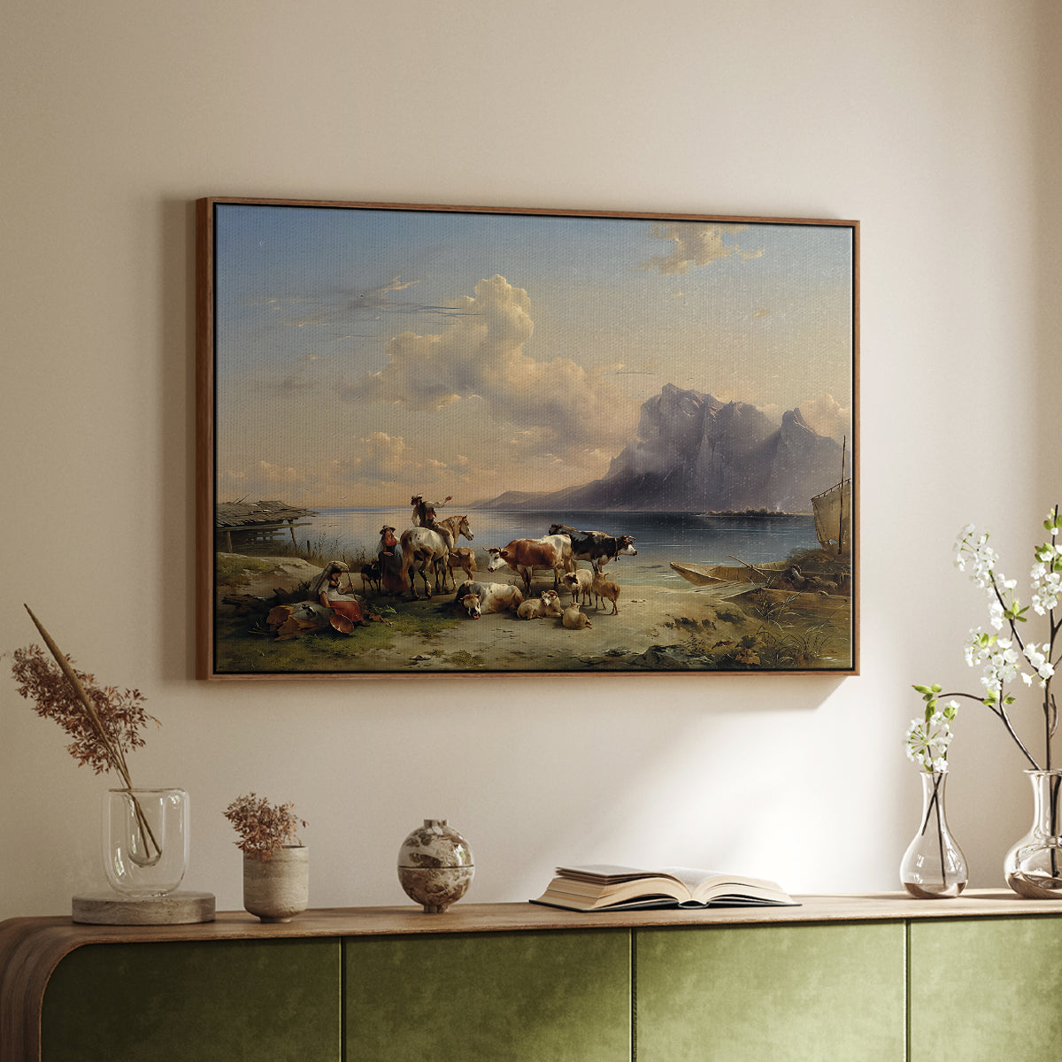 Shepherds and Cattle on Lake Attersee, 1852 - Floater Framed Canvas Print