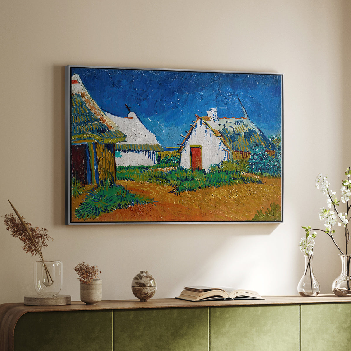 Three White Cottages at Saintes-Maries, 1888 - Floater Framed Canvas Print