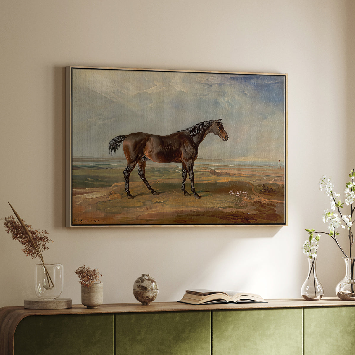 Dr. Syntax, a Bay Racehorse, Standing in a Coastal Landscape, an Estuary Beyond, c. 1820 - Floater Framed Canvas Print