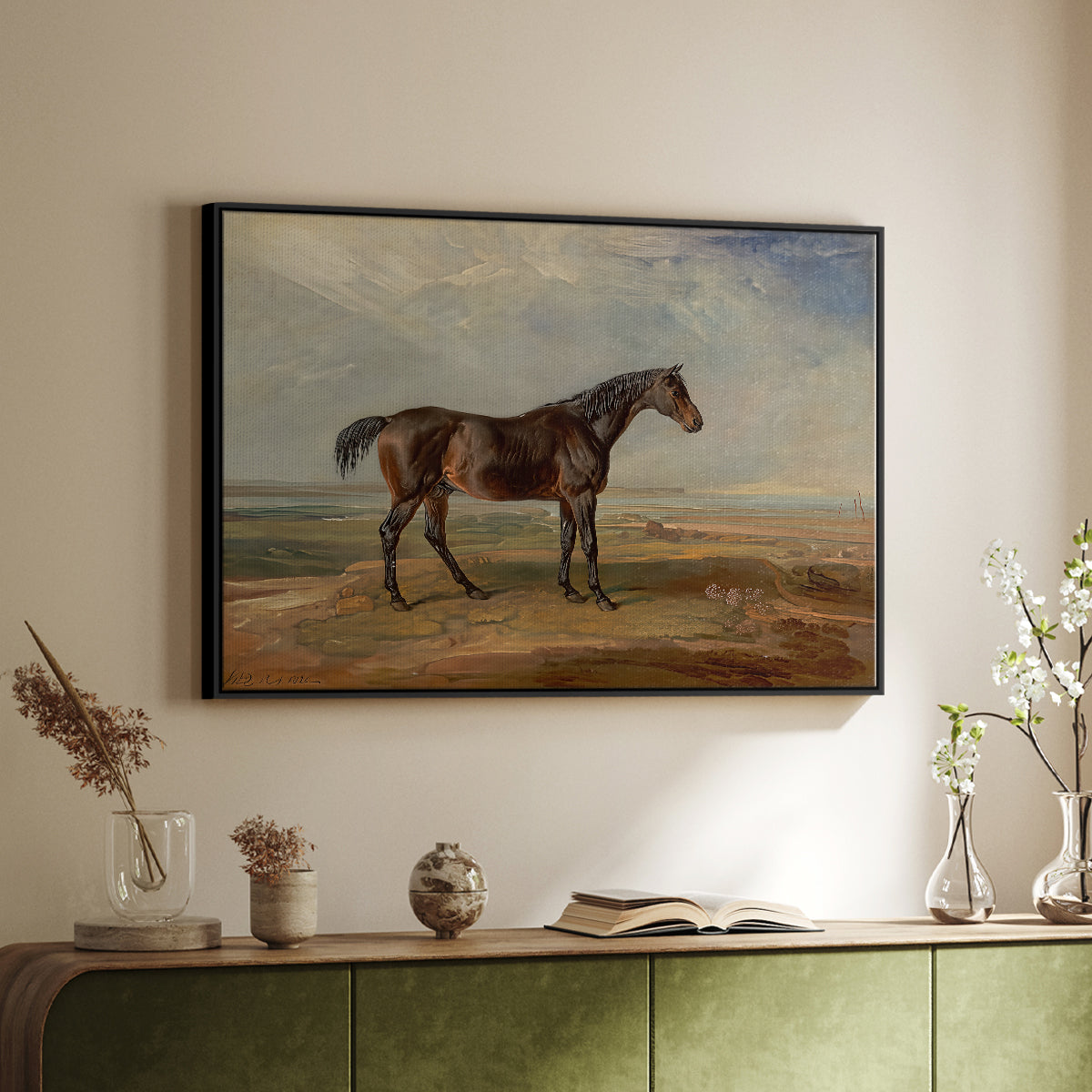 Dr. Syntax, a Bay Racehorse, Standing in a Coastal Landscape, an Estuary Beyond, c. 1820 - Floater Framed Canvas Print