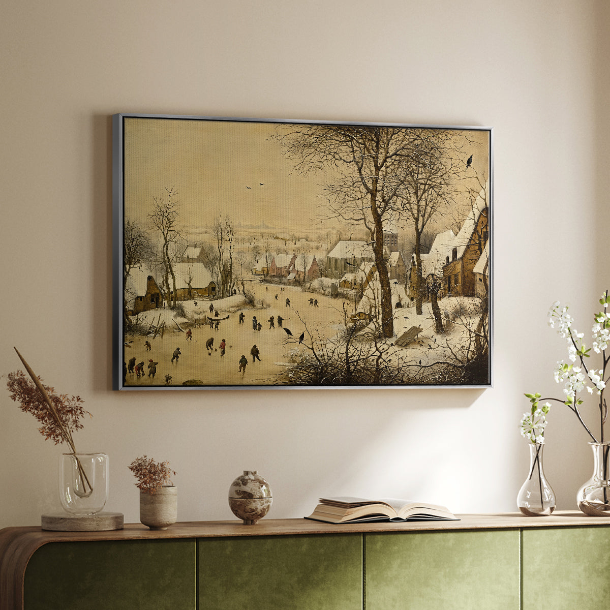 Winter Landscape with Skaters and Bird Trap, 1565 - Floater Framed Canvas Print