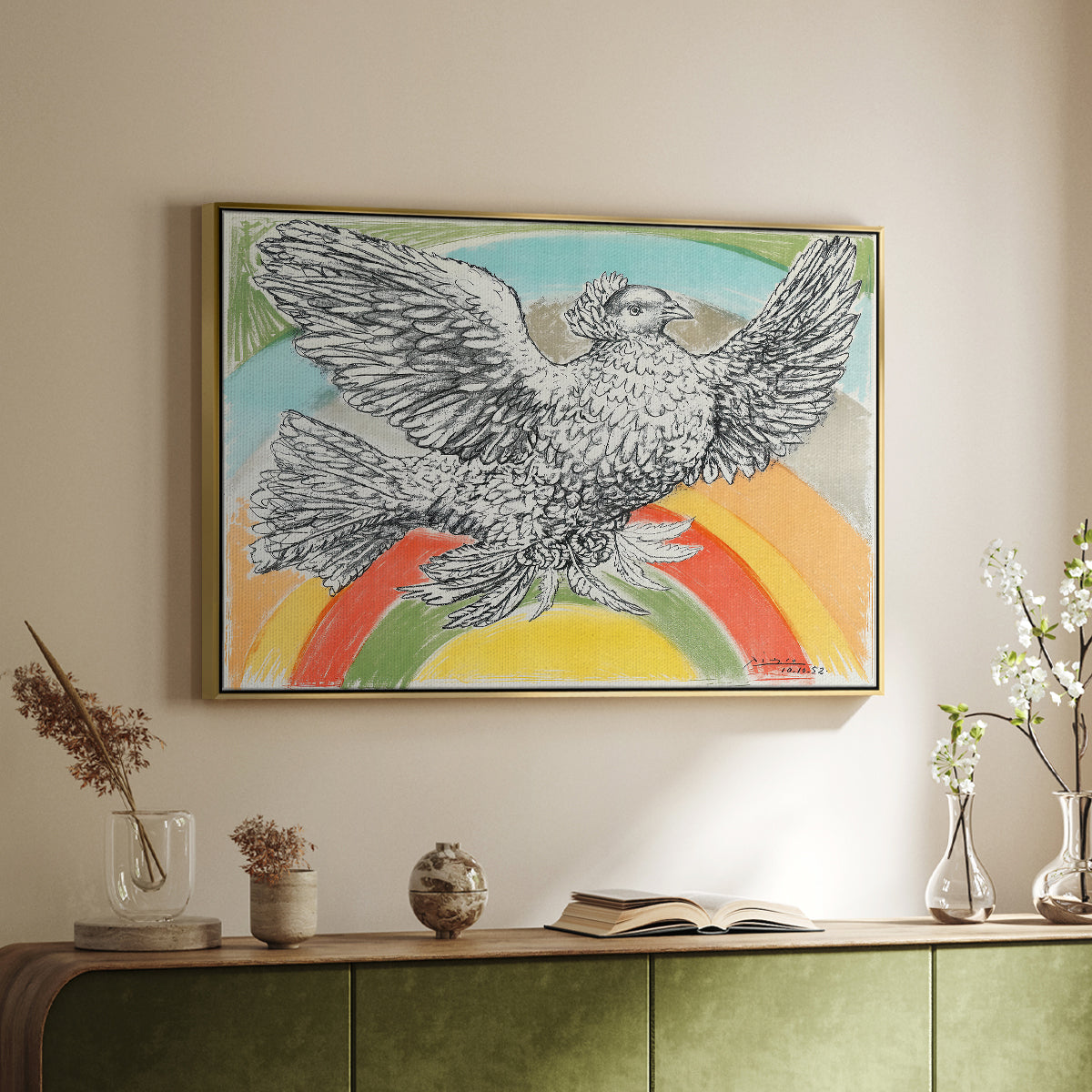 Flying Dove with Rainbow (Colombe volant à l'Arc-en-ciel), 1952 - Floater Framed Canvas Print