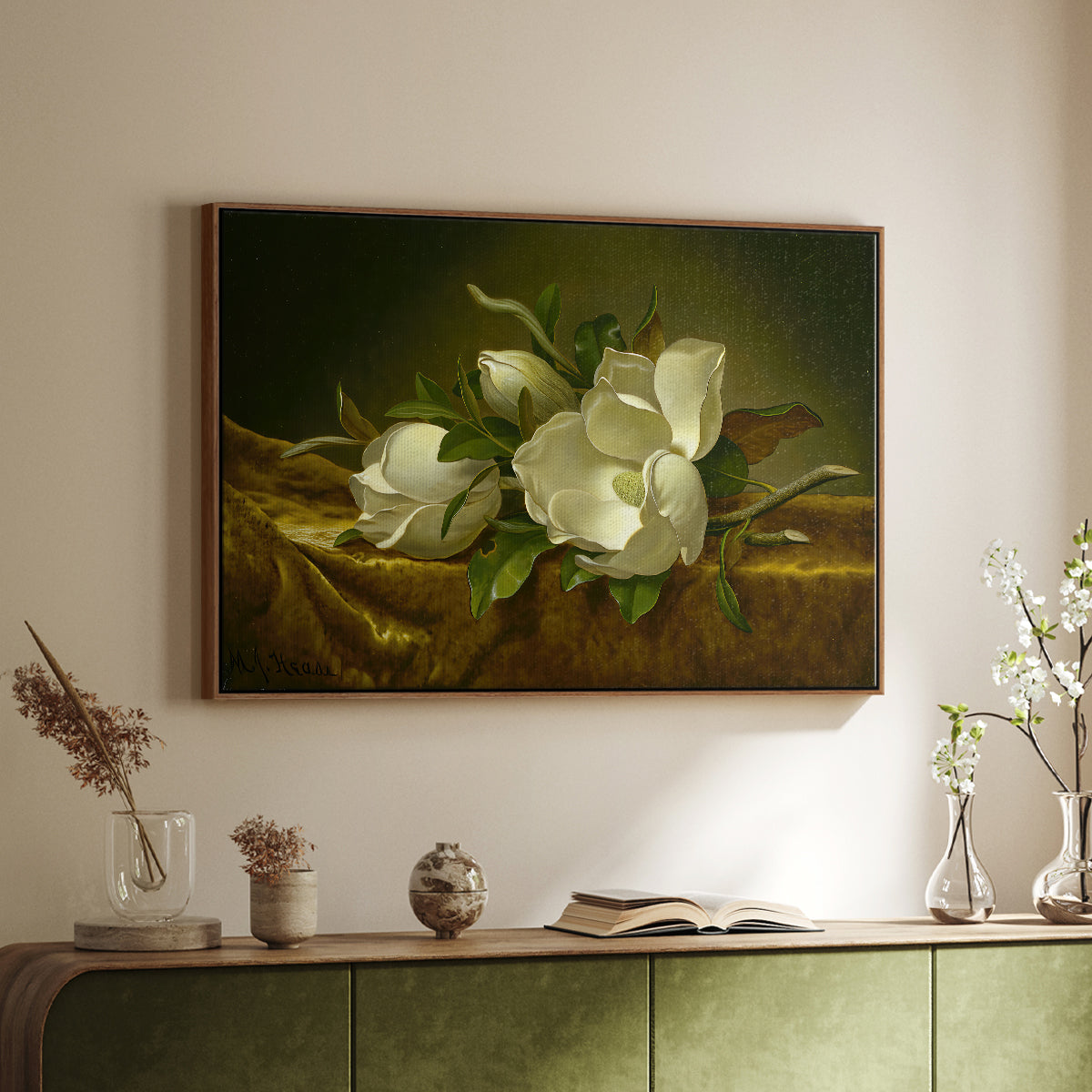 Magnolias on Gold Velvet Cloth, c. 1888-1890 - Floater Framed Canvas Print