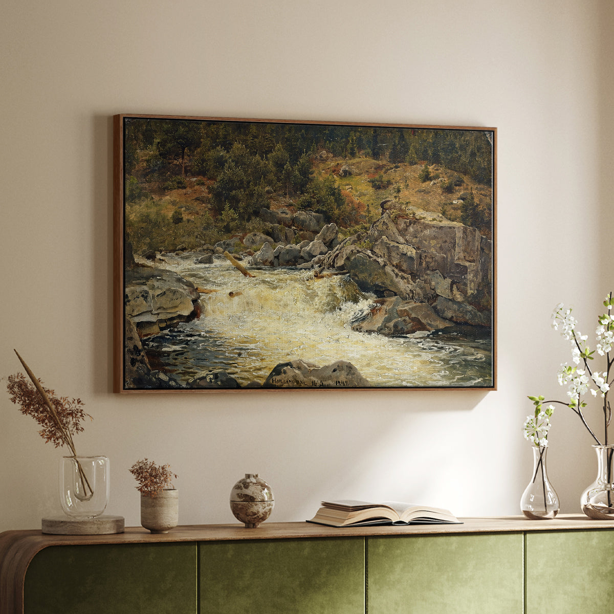 Waterfall in Hallingdal, 1848 - Floater Framed Canvas Print