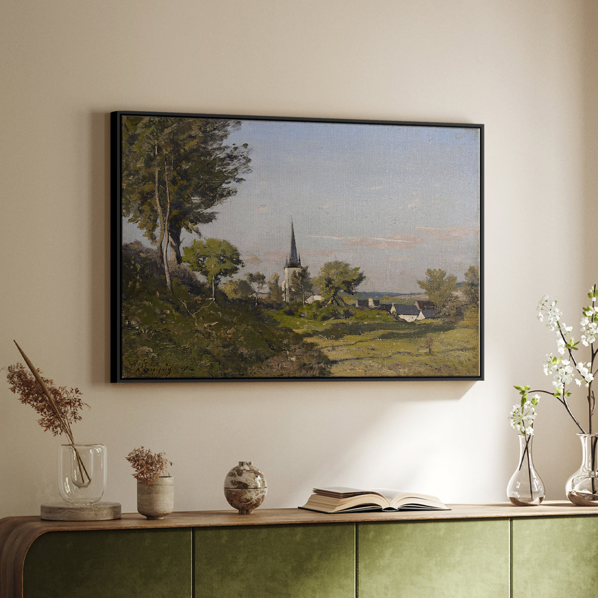 Village Landscape with Church, 1891 - Floater Framed Canvas Print