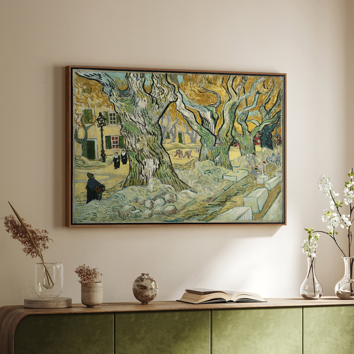 The Large Plane Trees (Road Menders at Saint-Rémy), 1889 - Floater Framed Canvas Print