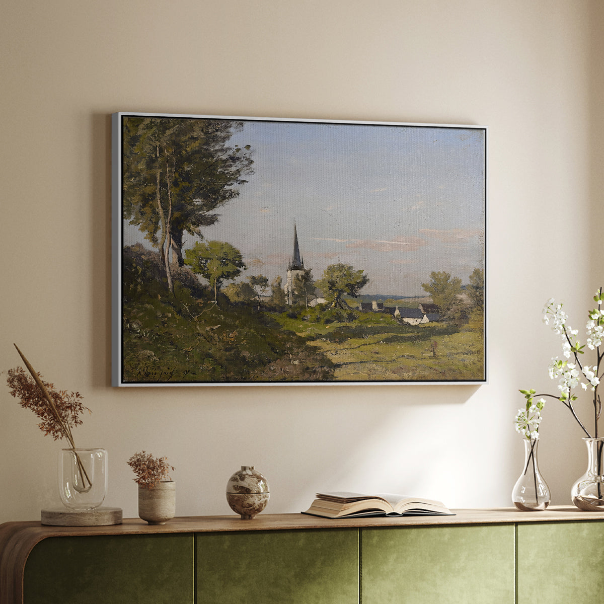 Village Landscape with Church, 1891 - Floater Framed Canvas Print