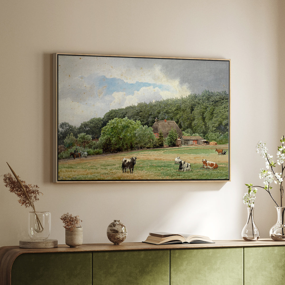 Farm with Grazing Cows (Bondegård med beitende kuer), 1892 - Floater Framed Canvas Print