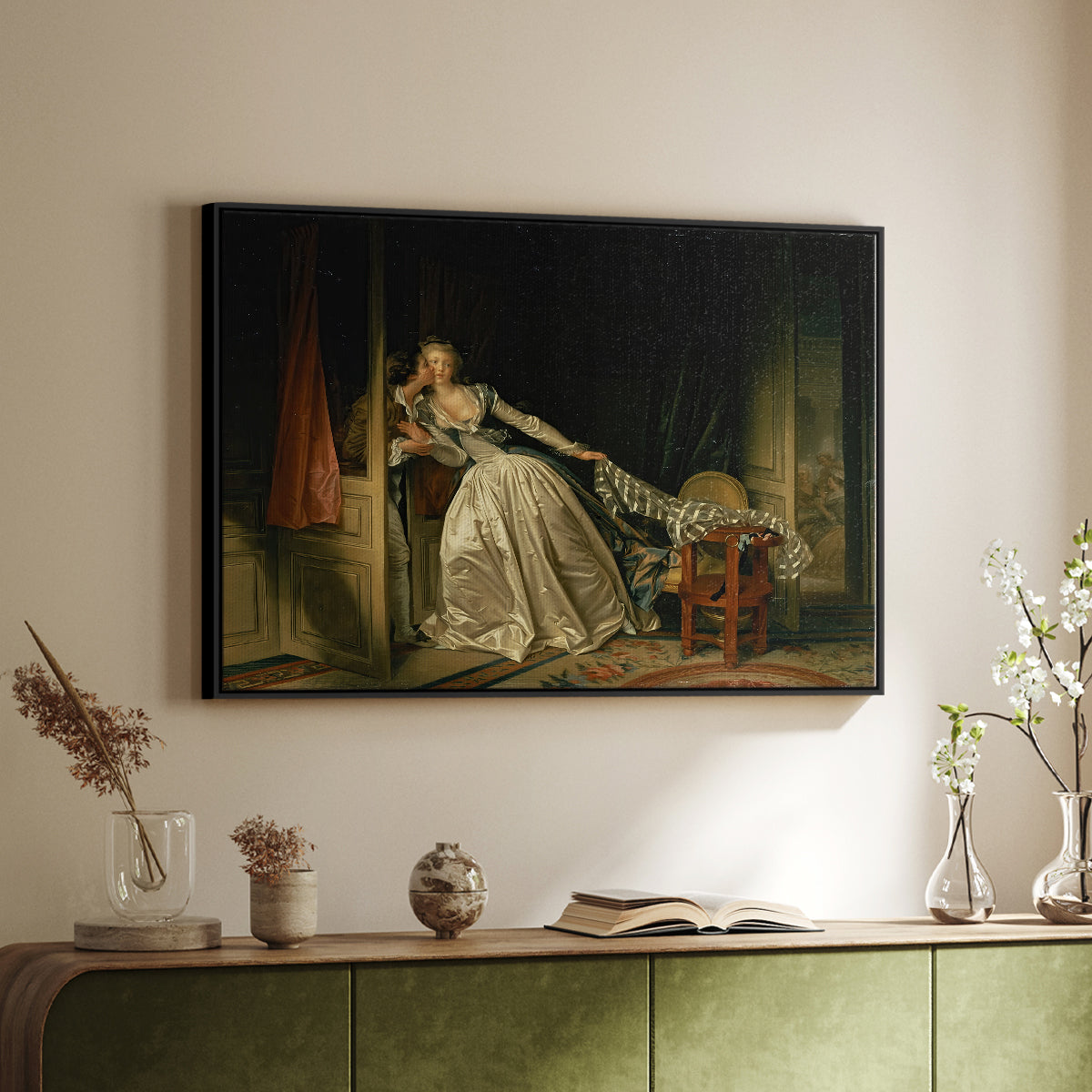 The Stolen Kiss (Le Baiser à la dérobée), c. 1788 - Floater Framed Canvas Print