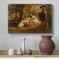 Canvas art print featuring an expressive depiction of dogs interacting in tense moment, styled above a decorative console