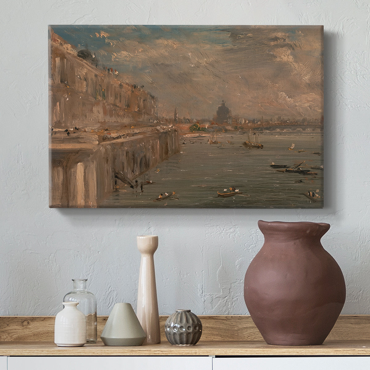 Canvas art print featuring an atmospheric city view, styled above a decorative console