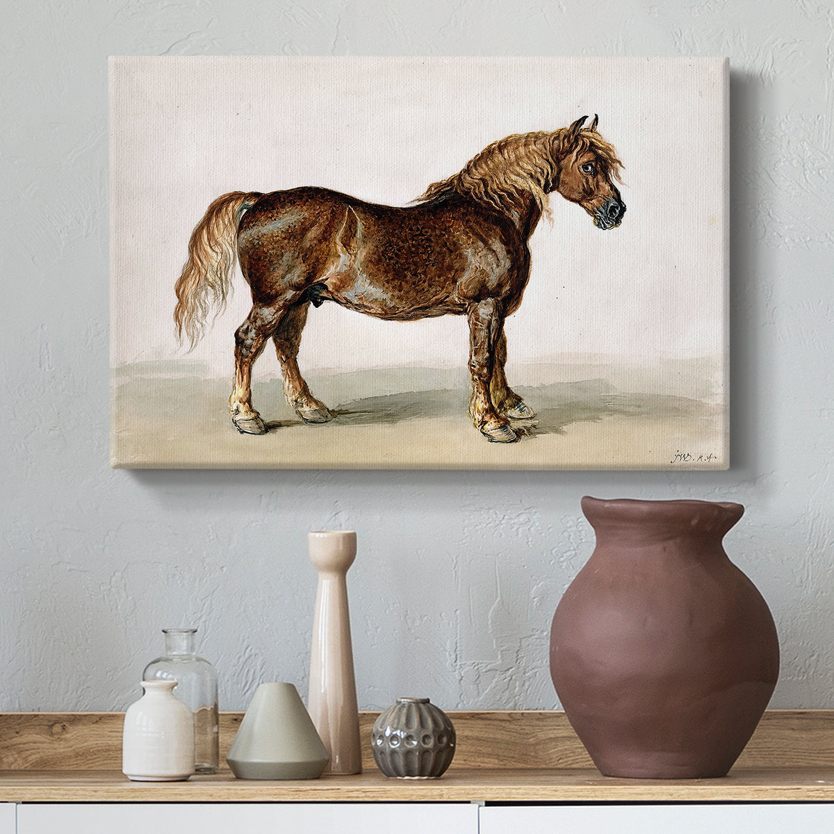 Canvas art print featuring a realistic animal study emphasizing strength and build, styled above a decorative console