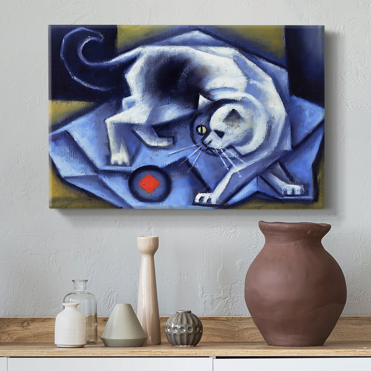 Canvas art print featuring a cubist depiction of motion, styled above a decorative console