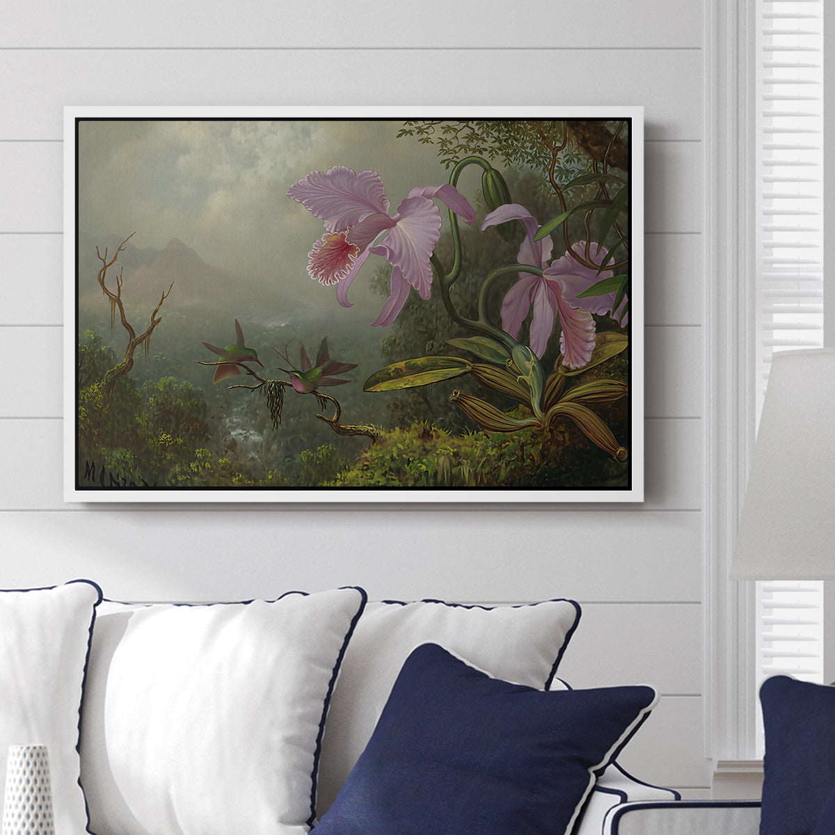Two Sun Angel Hummingbirds on a Branch, c. 1890-1904 - Floater Framed Canvas Print