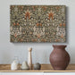 Canvas art print featuring a patterned design with alternating leaves and blossoms in muted tones, styled above a decorative console