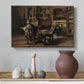 Canvas art print featuring an interior scene showing workspace with easel and furnishings, styled above a decorative console