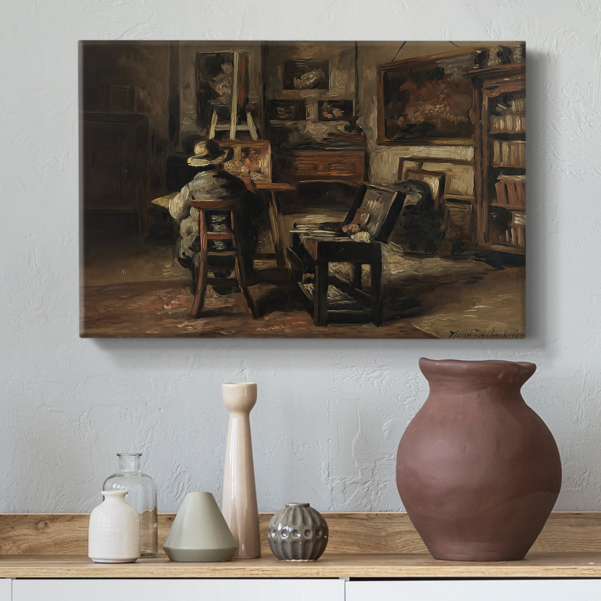 Canvas art print featuring an interior scene showing workspace with easel and furnishings, styled above a decorative console