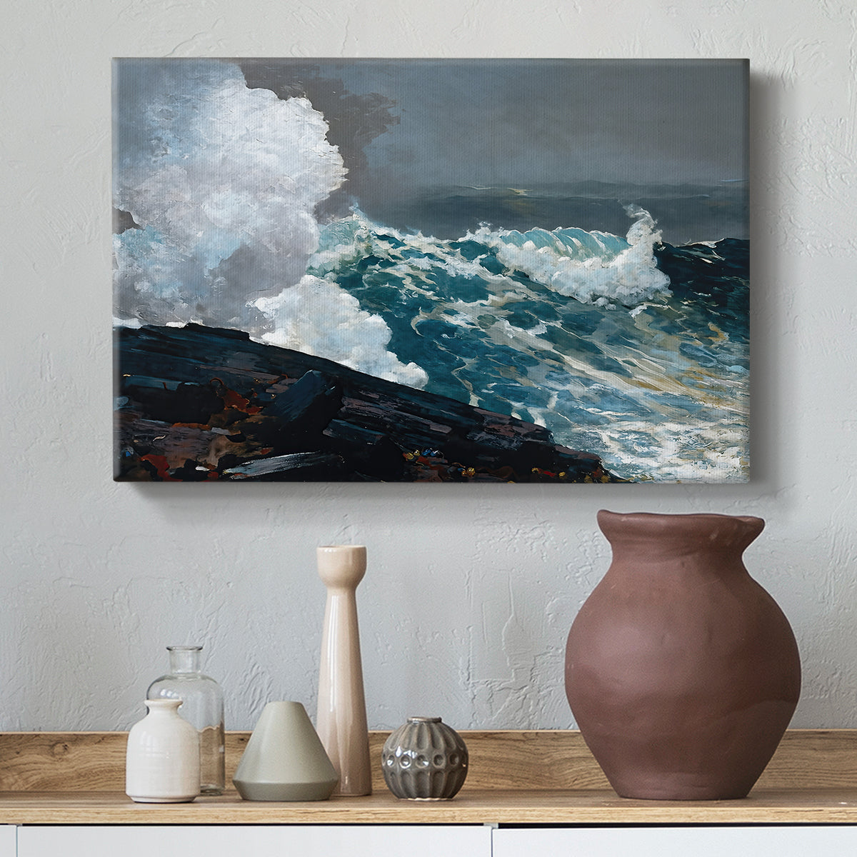 Canvas art print featuring a coastal composition emphasizing force of wind and waves, styled above a decorative console