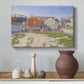 Canvas art print featuring a pointillist industrial view, styled above a decorative console